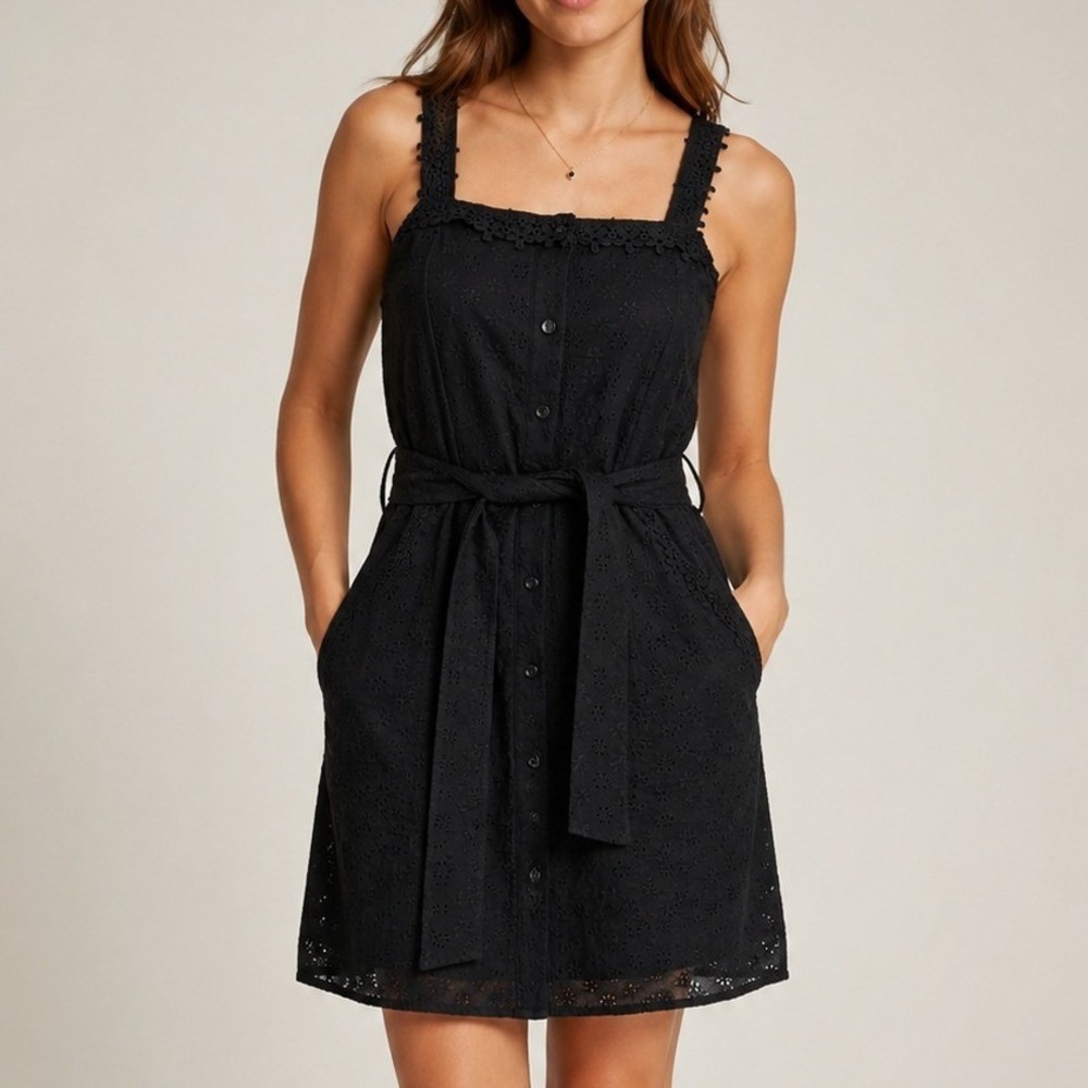 THE SHIRT Rochelle Behrens Eyelet Dress Small Black Cottagecore Boho Summer Mini